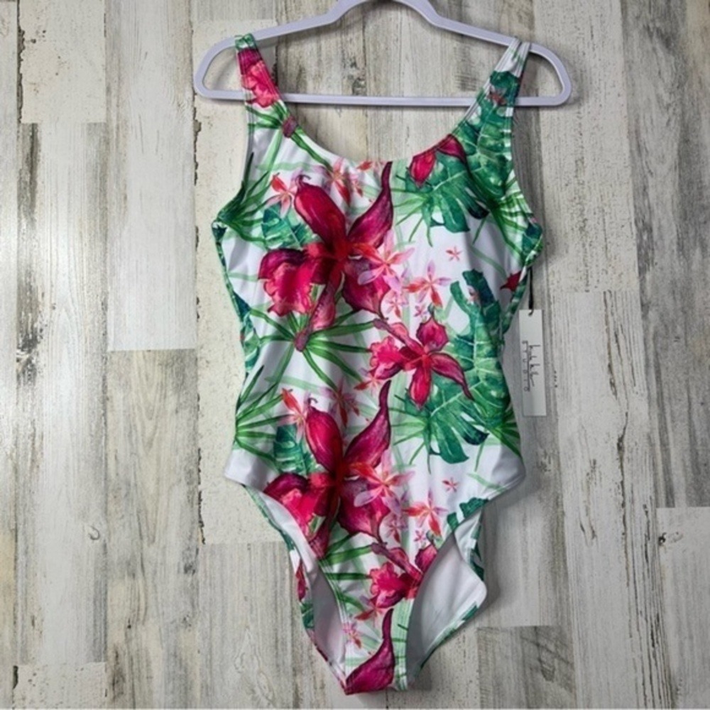 NEW Nicole Miller 1-Pc Swimsuit Scoop back Floral Print XL Resort Wear Beach